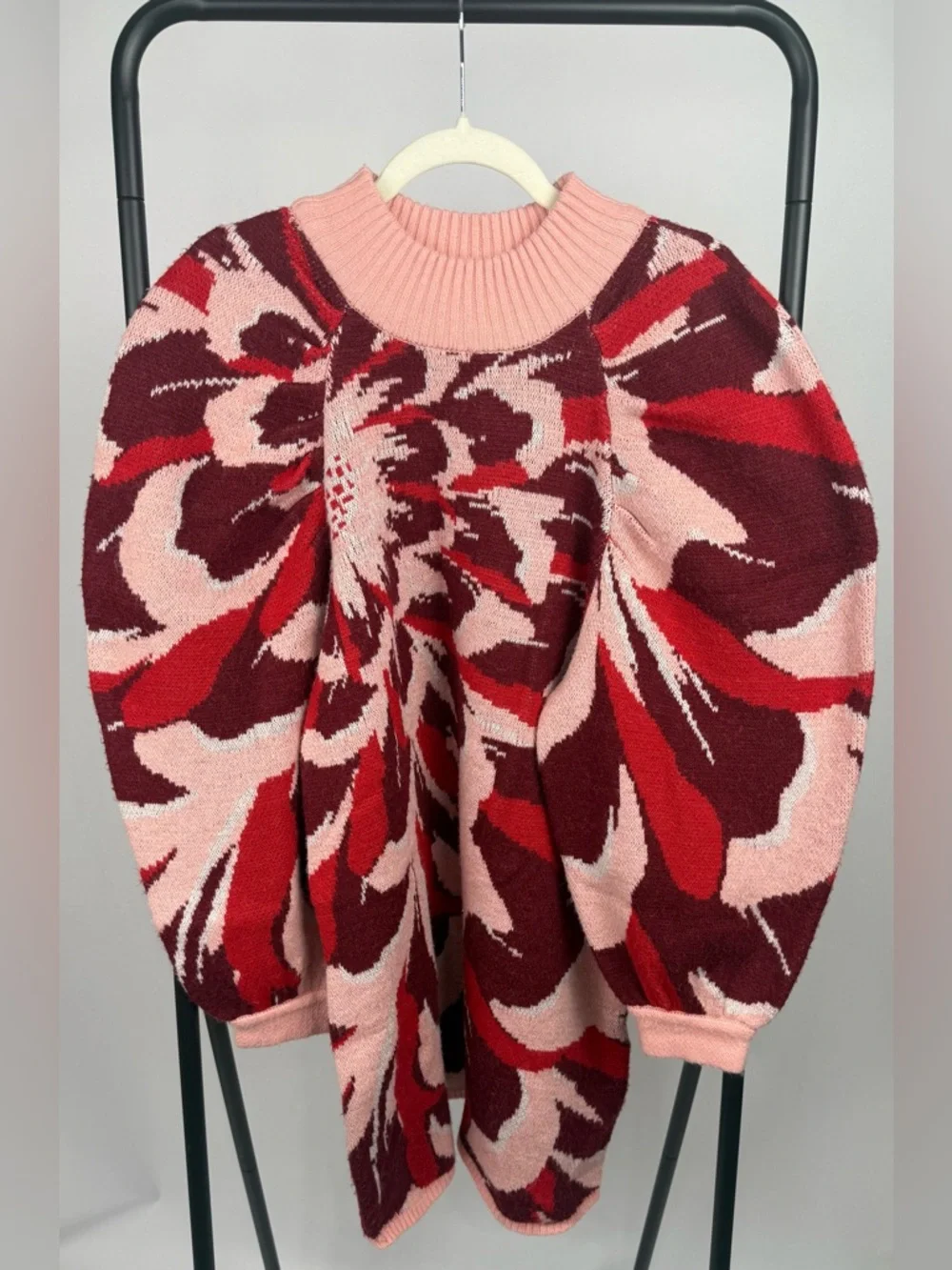 Farm Rio x Nuuly Flower Knit Mini Dress Red Pink Puff Sleeve L EUC $230 - Picture 5 of 8